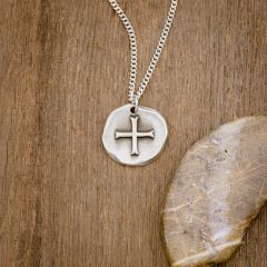 Roman Cross Coin necklace handcrafted in sterling silver strung on sterling silver curb chain