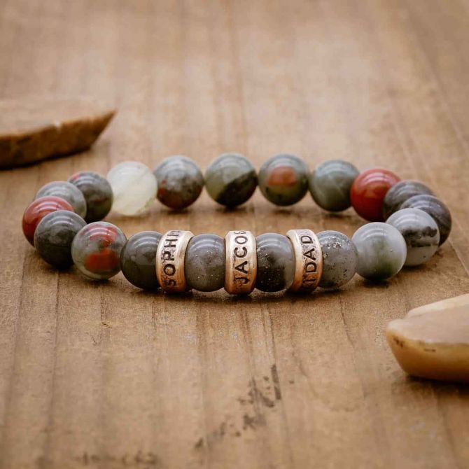 Blood Stone Beaded Name Bracelet, with choice of sterling silver or bronze bead, customizable with name or date