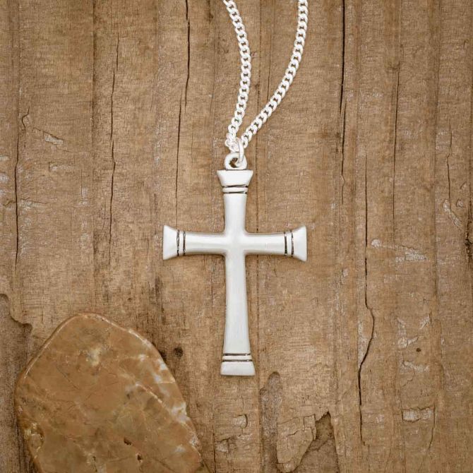 sterling silver Chosen Cross Necklace, on wood background