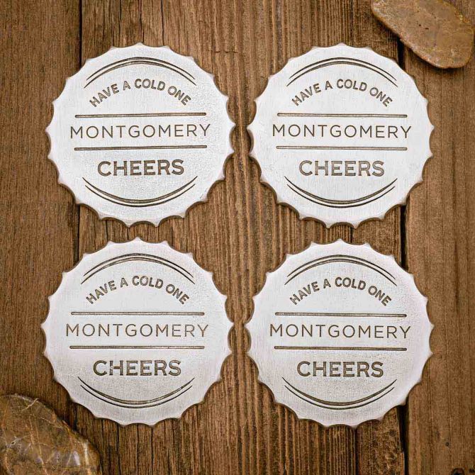 Crafting Memories Coaster Set on wood background, includes 4 pewter coasters