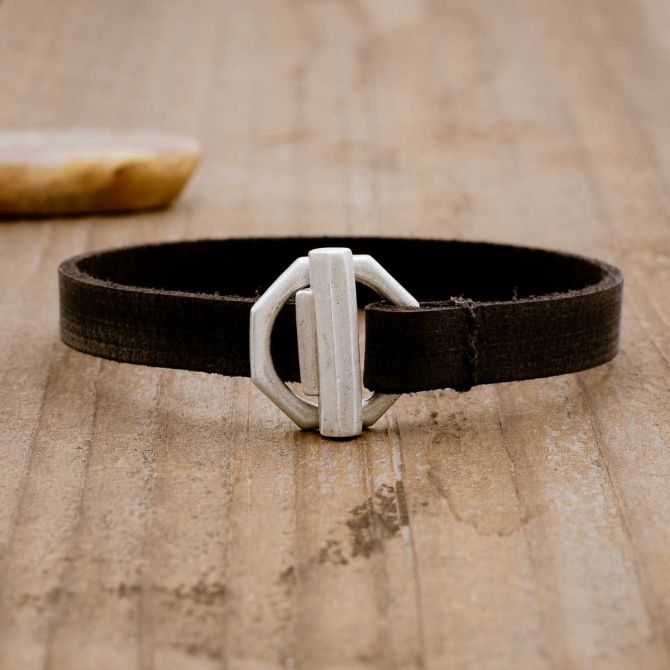 Life Forever bracelet handcrafted in black latigo leather and a sterling silver toggle closure 