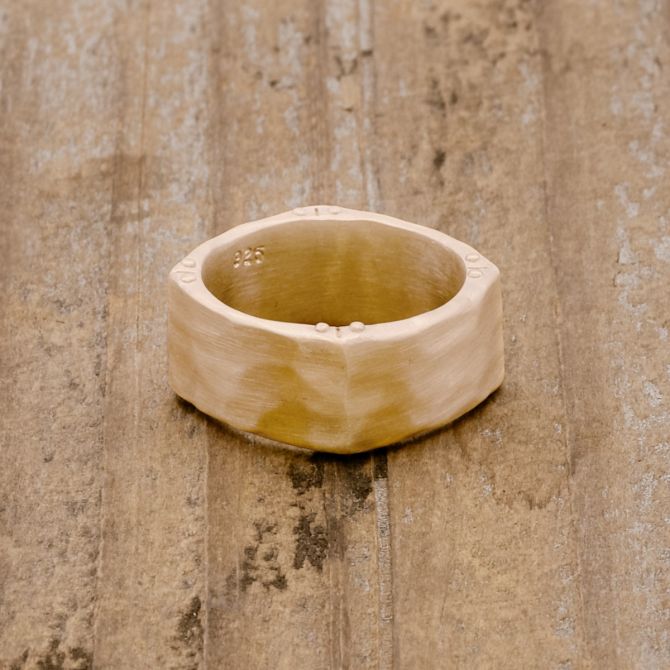 Strong + True ring handcrafted in 10k yellow gold with a hammered finish and personalized with a meaningful name, word or date