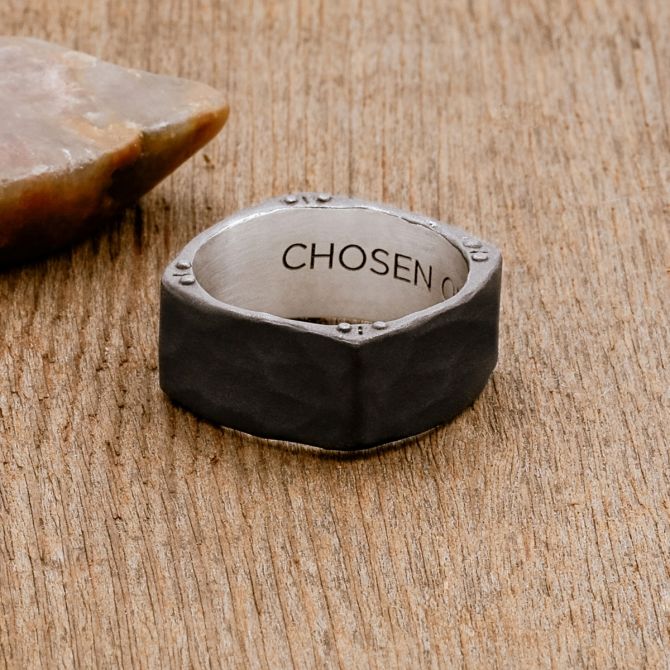 Strong + True ring handcrafted in sterling silver and sandblasted to a matte black finish and personalized with a meaningful name, word or date