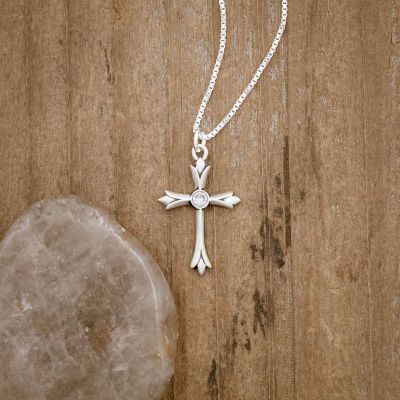 sterling silver Firstfruits Cross Necklace, on wood background