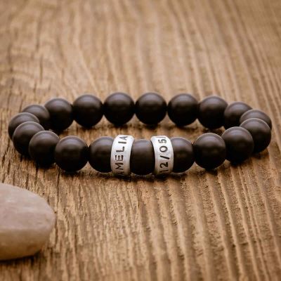 Black Onyx Beaded Name Bracelet, with choice of sterling silver or bronze beads that are customizable with names or dates