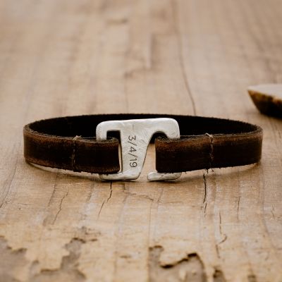 Brown Connection bracelet handcrafted with a distressed leather strap and sterling silver closure customizable with a name, word or date