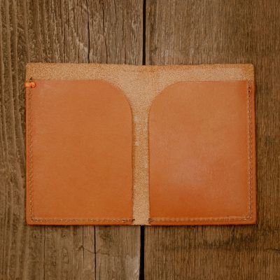 Side by Side Minimalist wallet handcrafted in solid english tan leather personalized with up to 3 letter monogram 