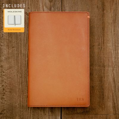 Discover Leather Journal handcrafted in solid water buffalo tan leather including notebook and hardcover and customizable with up to 3 letter monogram 